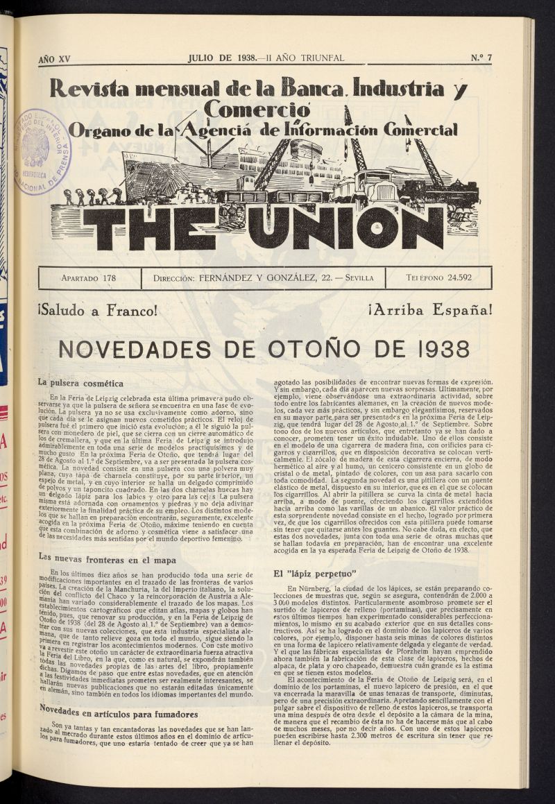 IDEAS : revista mensual de la banca, industria y comercio  de julio de 1938, n 7