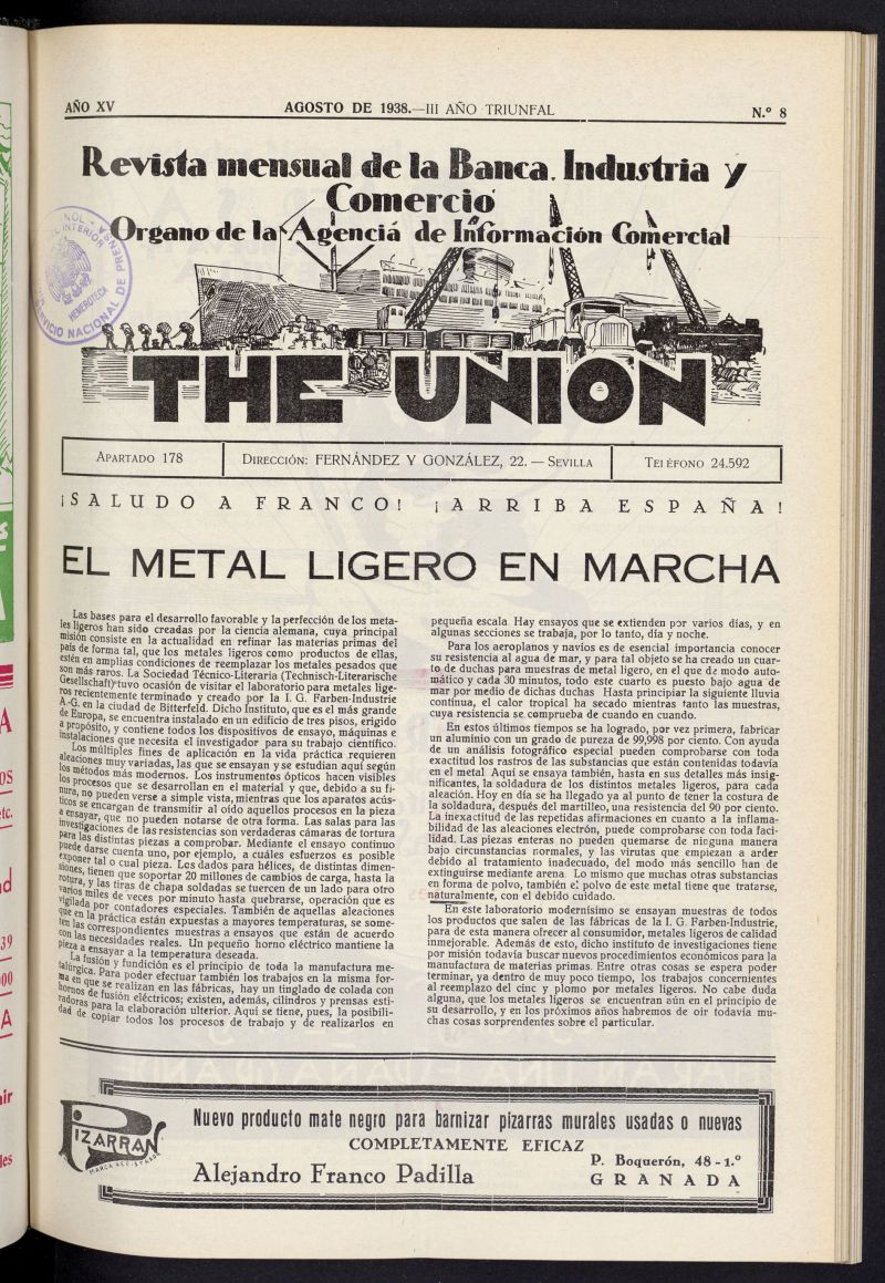 IDEAS : revista mensual de la banca, industria y comercio  de agosto de 1938, n 8