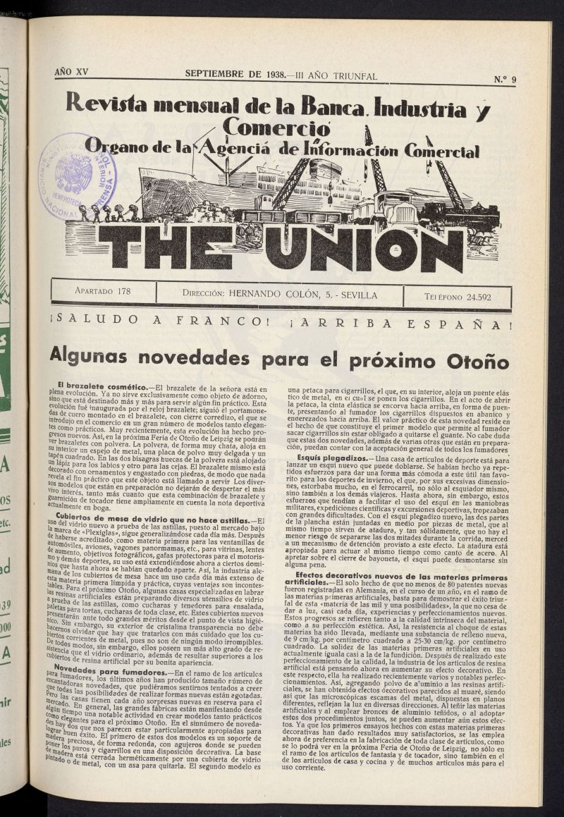 IDEAS : revista mensual de la banca, industria y comercio de septiembre de 1938, n 9