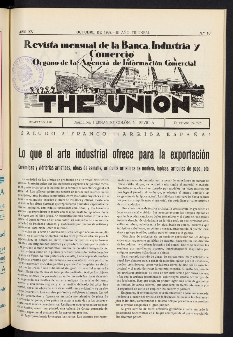 IDEAS : revista mensual de la banca, industria y comercio  de octubre de 1938, n 10
