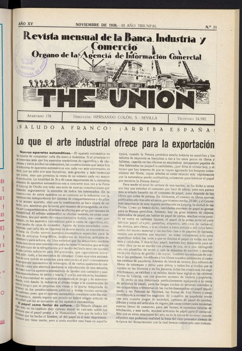 IDEAS : revista mensual de la banca, industria y comercio de noviembre de 1938, n 11
