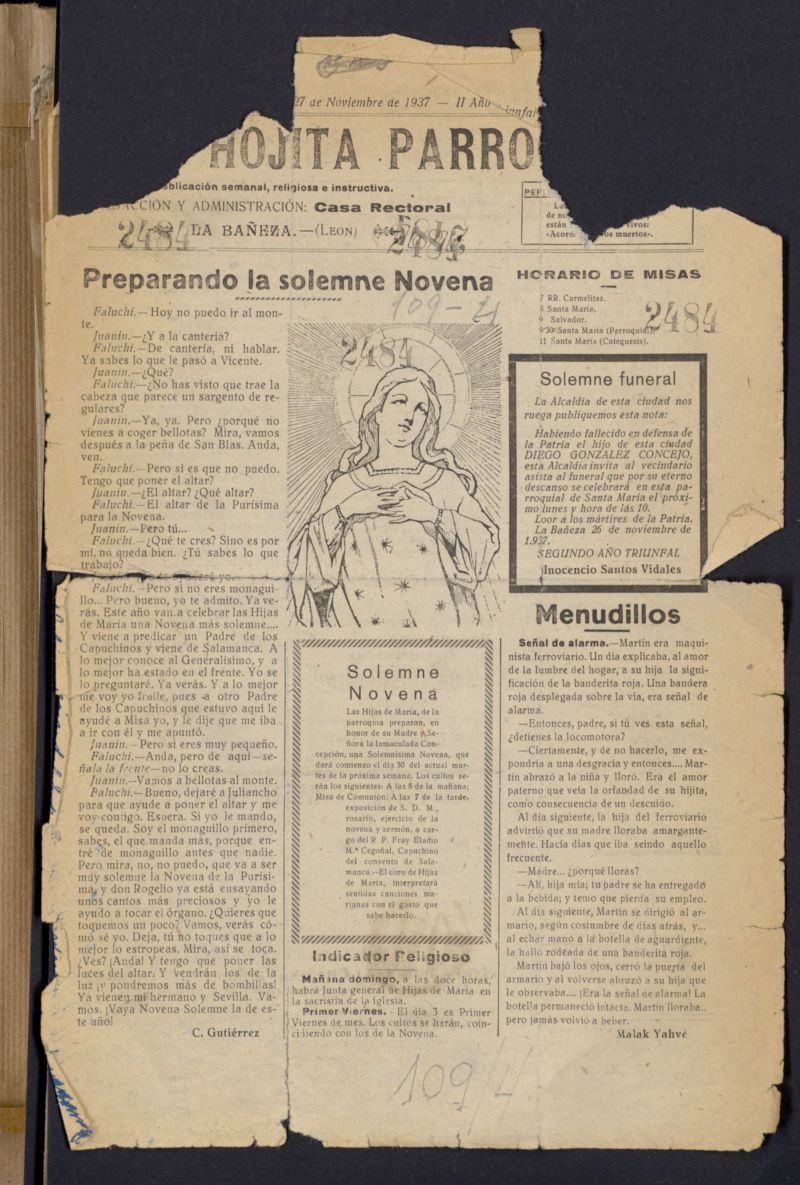 La hojita parroquial : publicación semanal religiosa e instructiva del 27 de noviembre de 1937, nº 1296