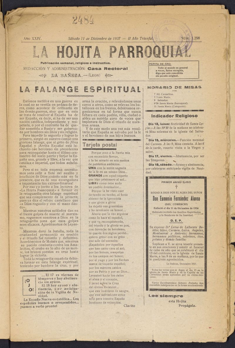 La hojita parroquial : publicación semanal religiosa e instructiva del 11 de diciembre de 1937, nº 1298