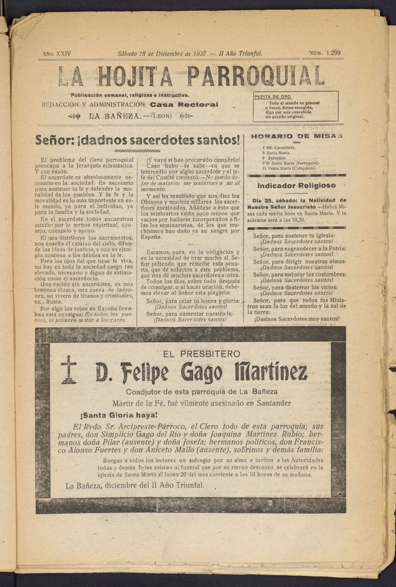 La hojita parroquial : publicación semanal religiosa e instructiva del 18 de diciembre de 1937, nº 1299