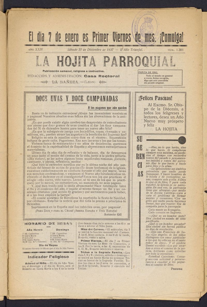 La hojita parroquial : publicación semanal religiosa e instructiva del 31 de diciembre de 1937, nº 1301