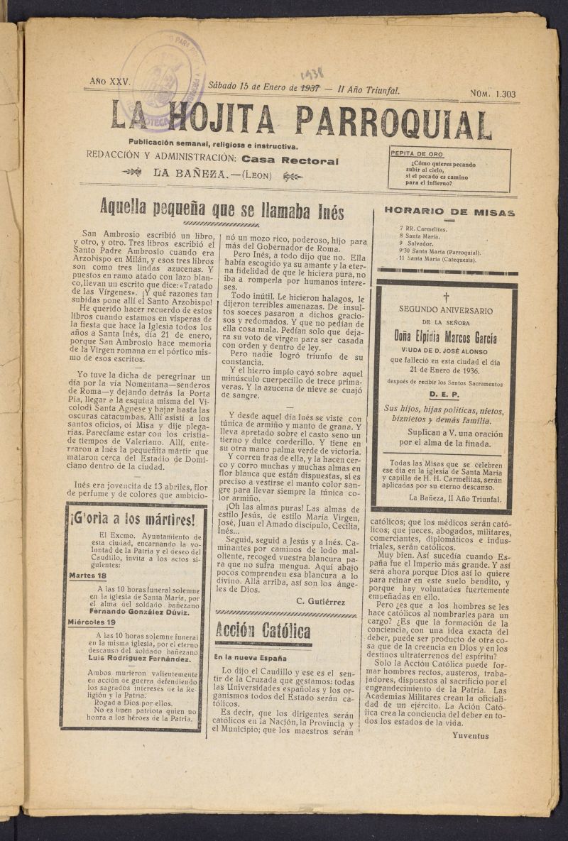 La hojita parroquial : publicación semanal religiosa e instructiva del 15 de enero de 1938, nº 1303