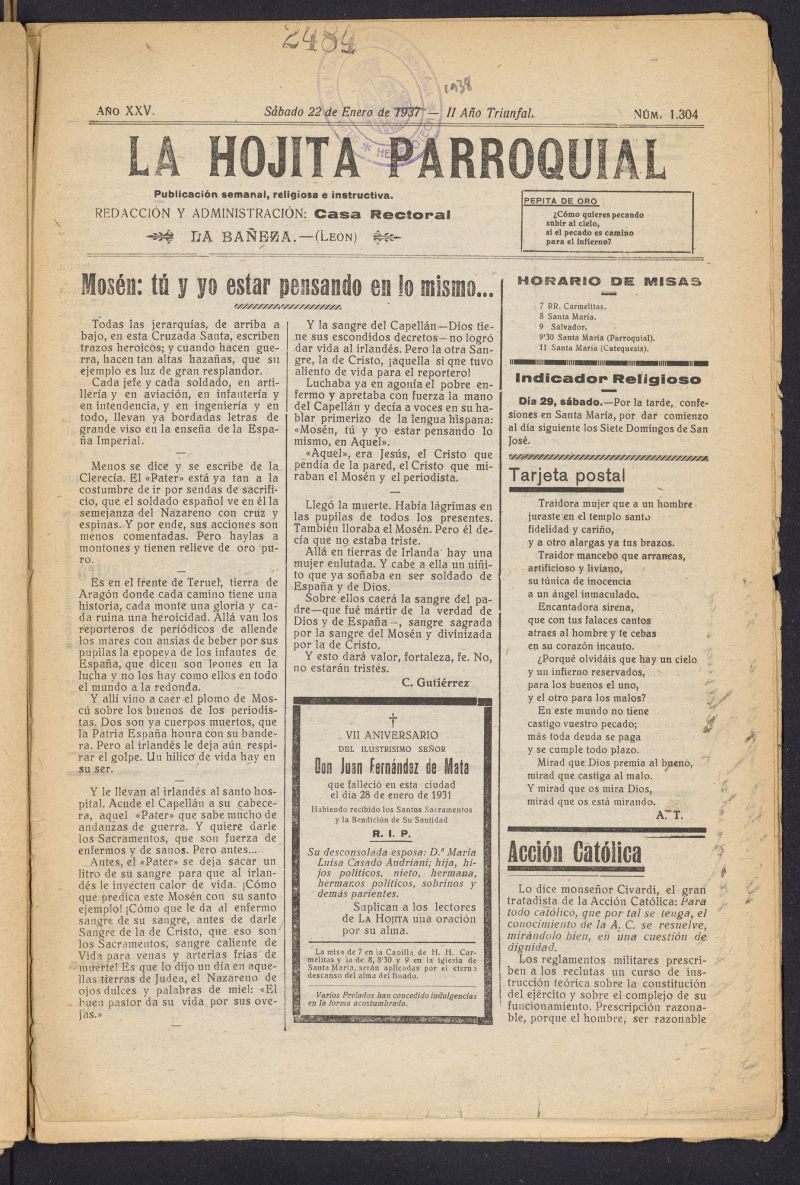 La hojita parroquial : publicación semanal religiosa e instructiva del 22 de enero de 1938, nº 1304