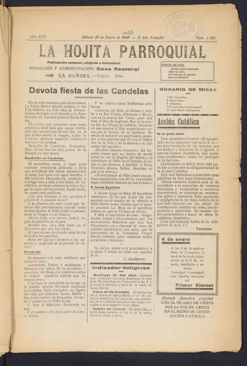 La hojita parroquial : publicación semanal religiosa e instructiva del 29 de enero de 1938, nº 1305