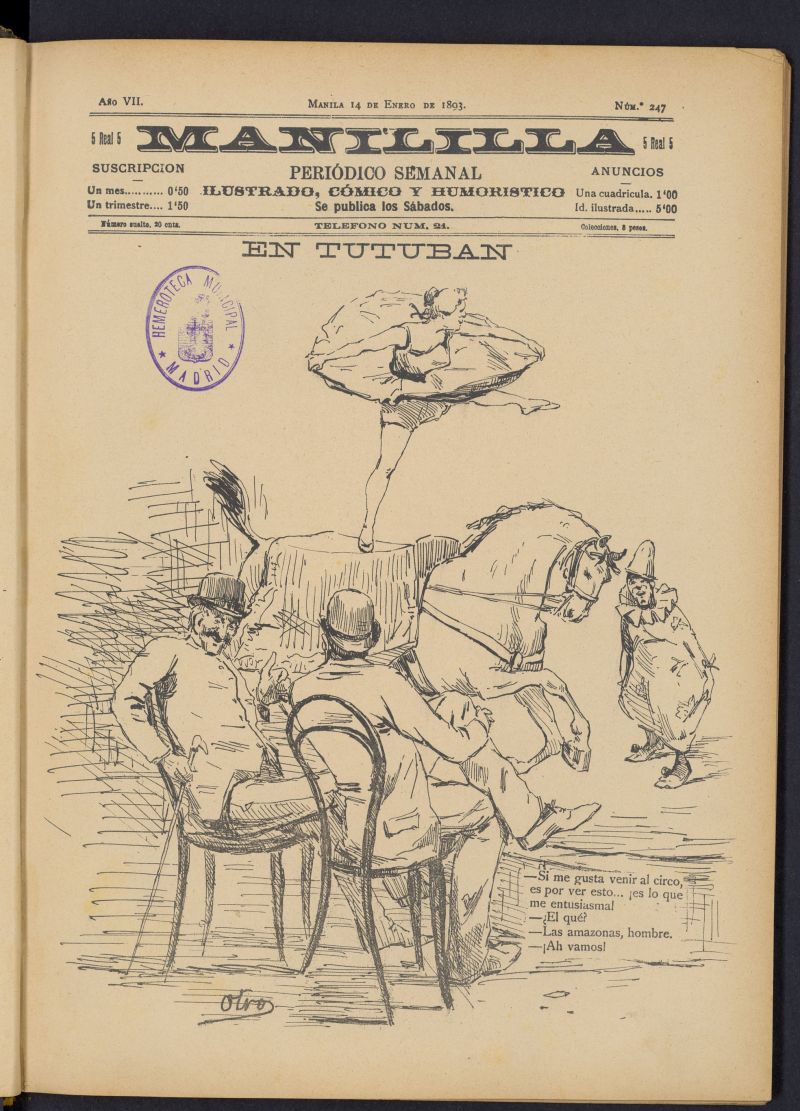 Manililla : periódico semanal ilustrado, cómico y humorístico del 14 de enero de 1893, nº 247
