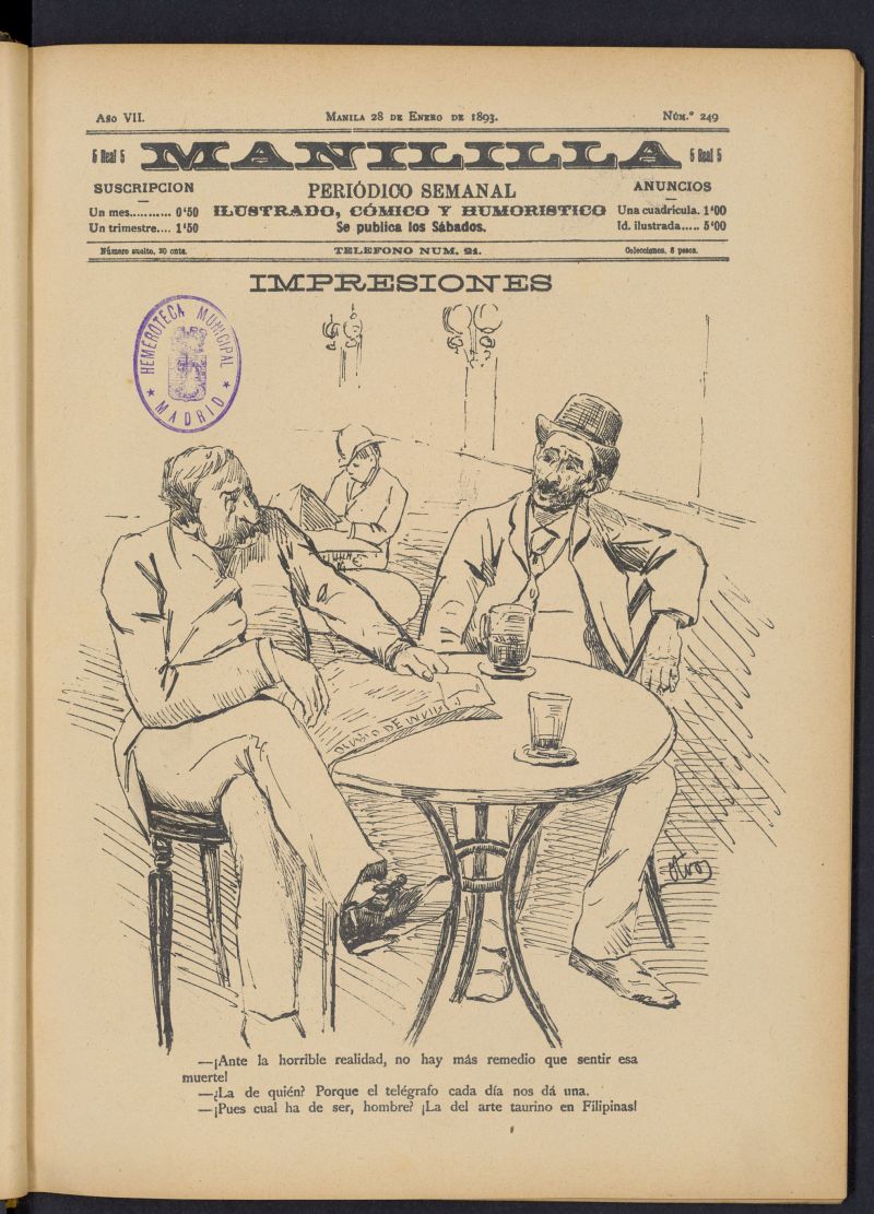 Manililla : periódico semanal ilustrado, cómico y humorístico del 28 de enero de 1893, nº 249