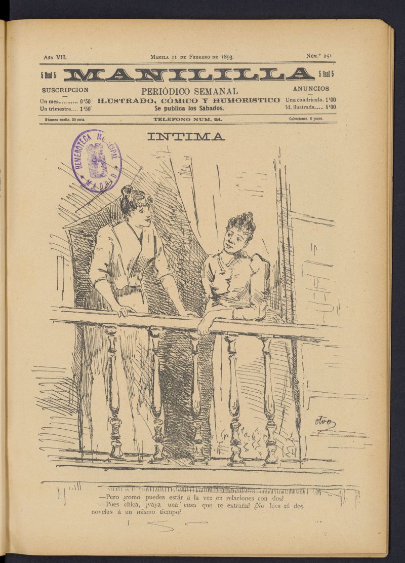Manililla : periódico semanal ilustrado, cómico y humorístico del 11 de febrero de 1893, nº 251