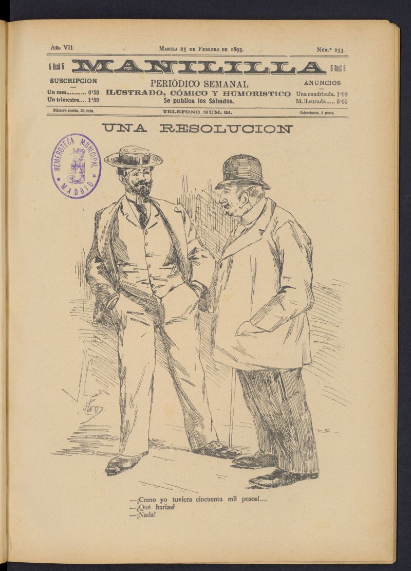 Manililla : periódico semanal ilustrado, cómico y humorístico del 25 de febrero de 1893, nº 253