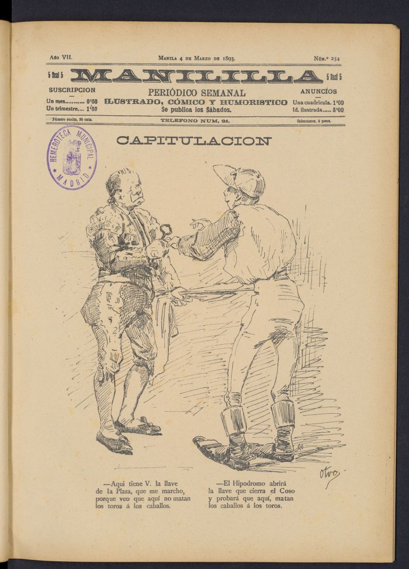 Manililla : periódico semanal ilustrado, cómico y humorístico del 4 de marzo de 1893, nº 254