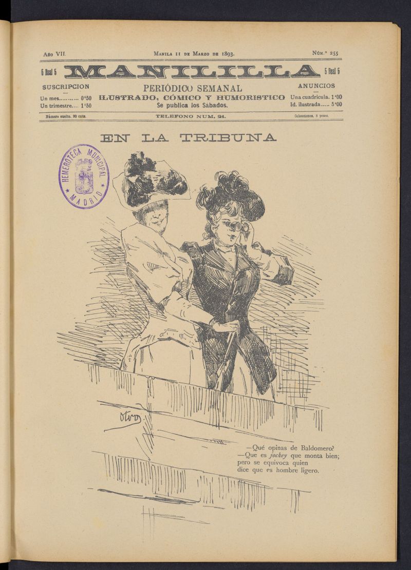 Manililla : periódico semanal ilustrado, cómico y humorístico del 11 de marzo de 1893, nº 255