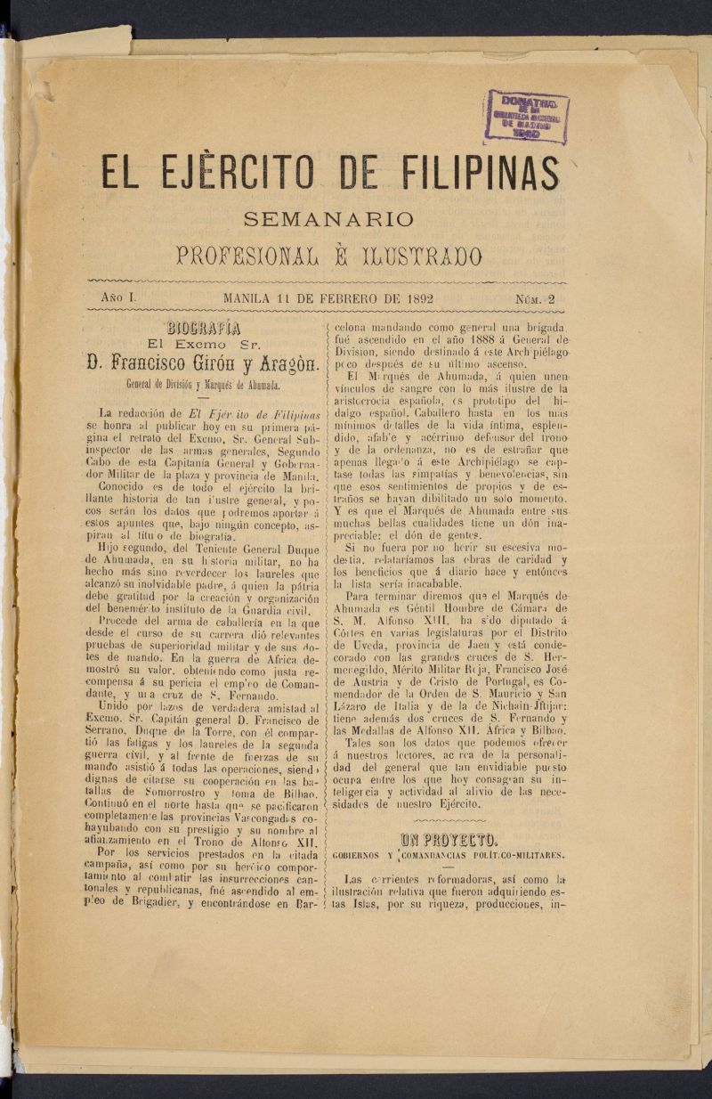 El Ejrcito de Filipinas : semanario profesional e ilustrado del 11 de febrero de 1892, n 2