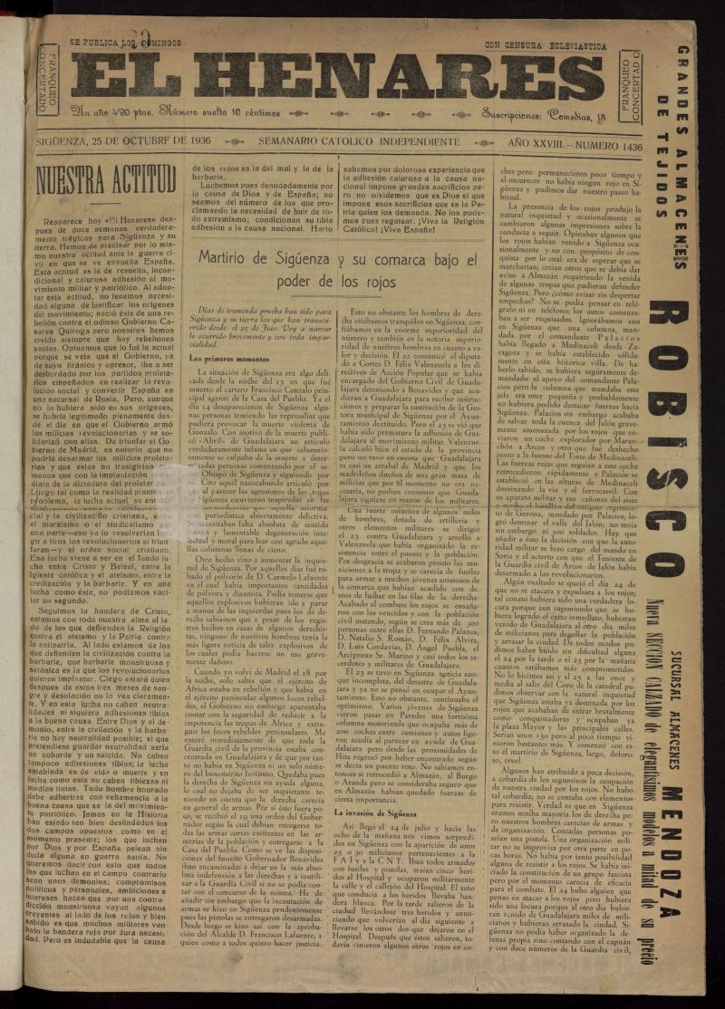 El Henares : semanario catlico independiente del 25 de octubre de 1936, n 1436