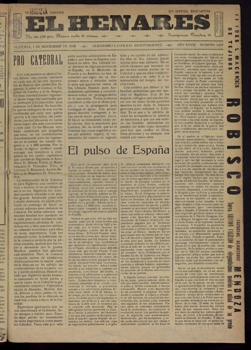 El Henares : semanario catlico independiente del 1 de noviembre de 1936, n 1437