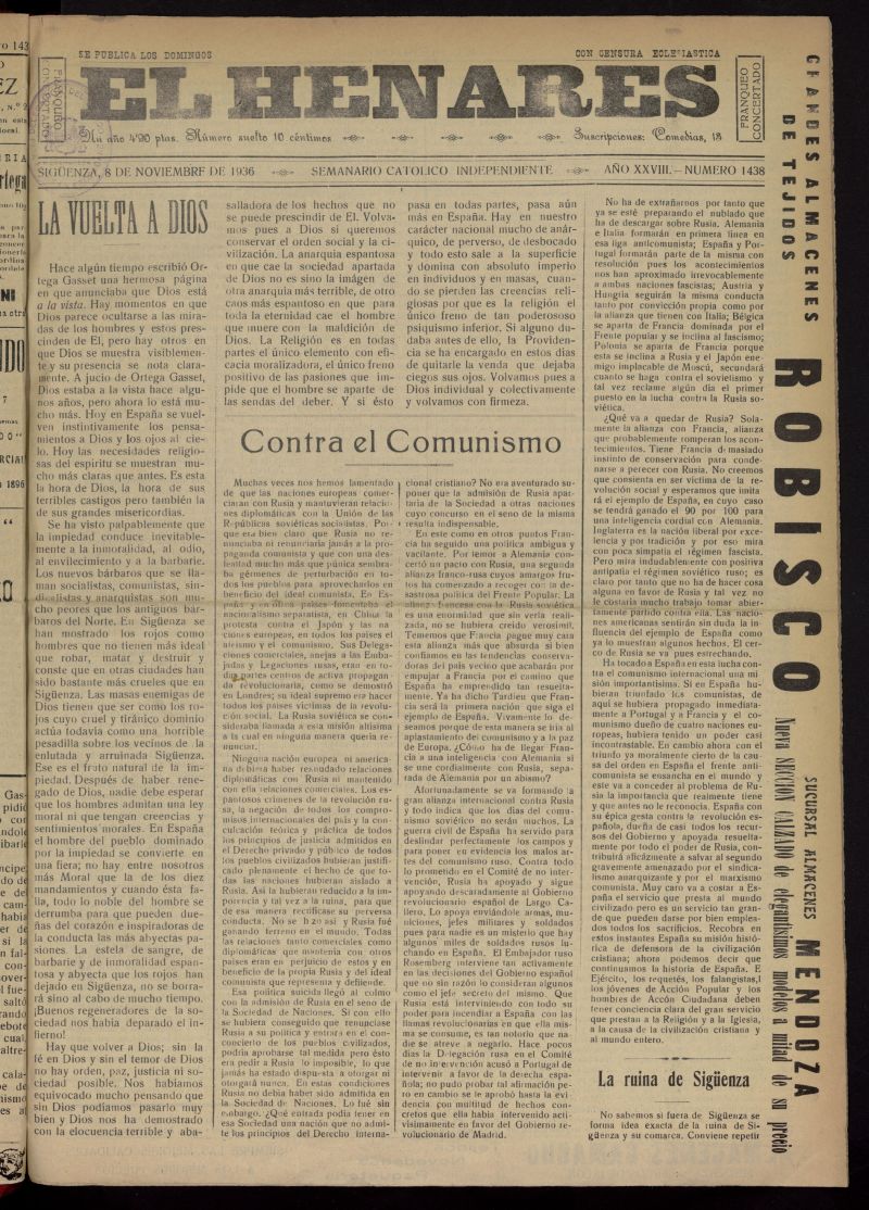 El Henares : semanario catlico independiente del 8 de noviembre de 1936, n 1438