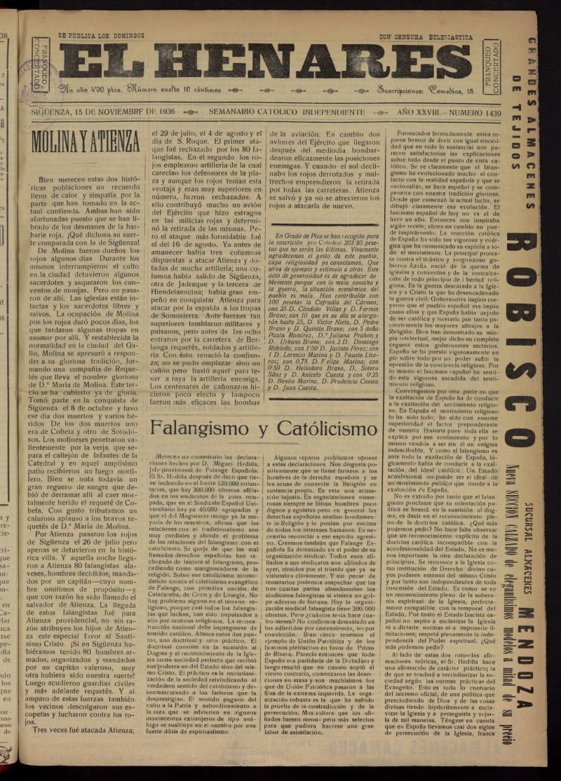 El Henares : semanario catlico independiente del 15 de noviembre de 1936, n 1439