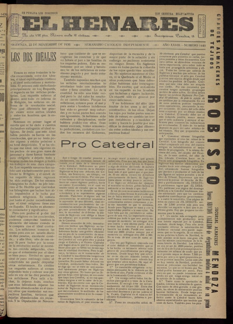El Henares : semanario catlico independiente del 22 de noviembre de 1936, n 1440