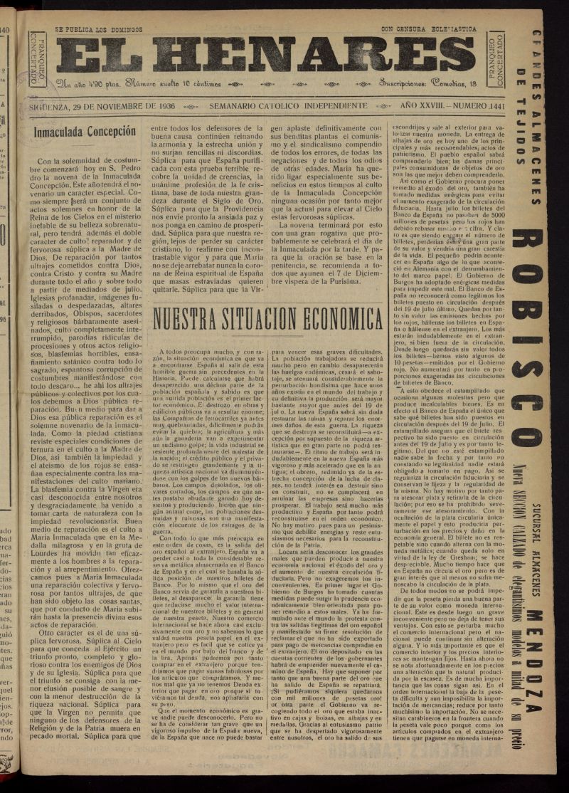 El Henares : semanario catlico independiente del 29 de noviembre de 1936, n 1441