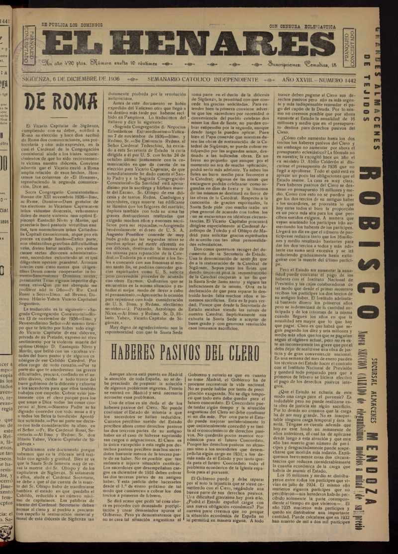 El Henares : semanario catlico independiente del 6 de diciembre de 1936, n 1442