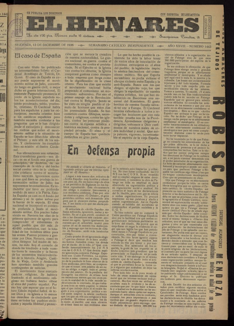 El Henares : semanario catlico independiente del 13 de diciembre de 1936, n 1443