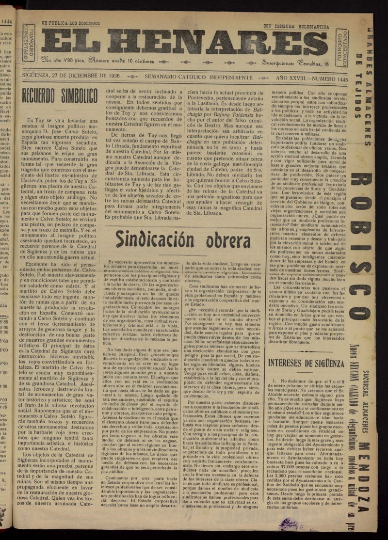 El Henares : semanario catlico independiente del 27 de diciembre de 1936, n 1445