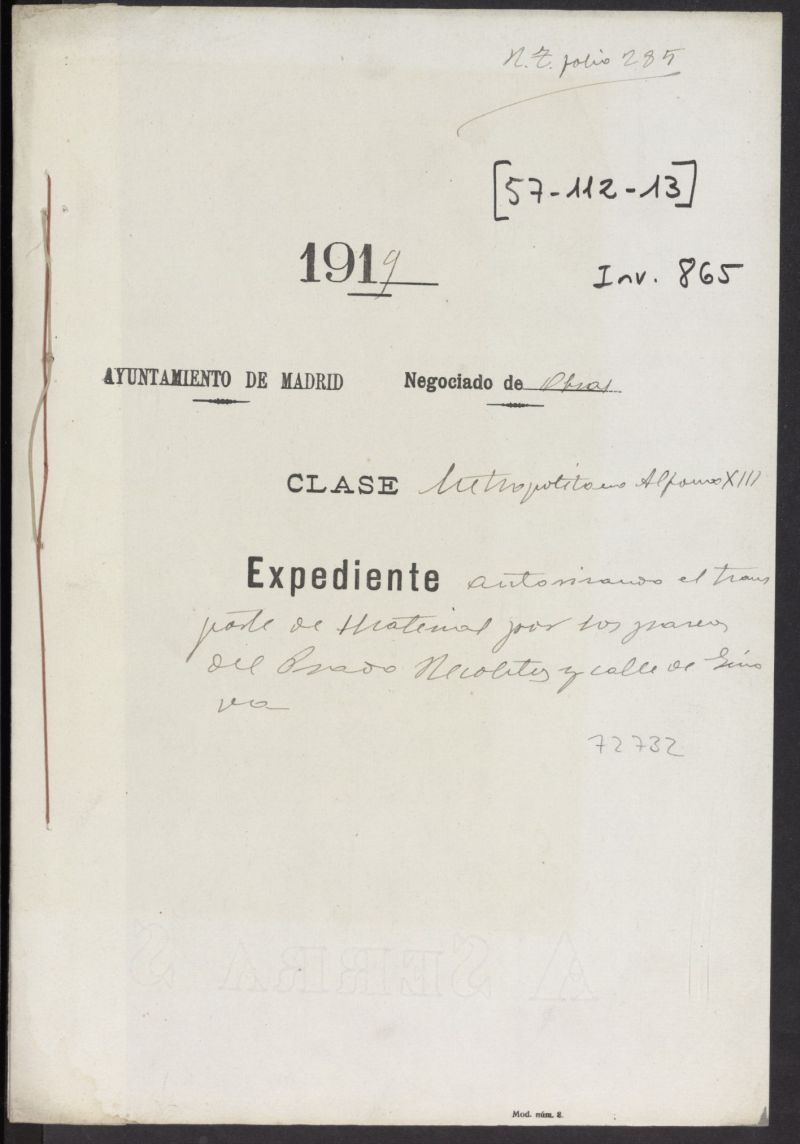 Autorizacin para el transporte de materiales de la Compaa Metropolitano Alfonso XIII