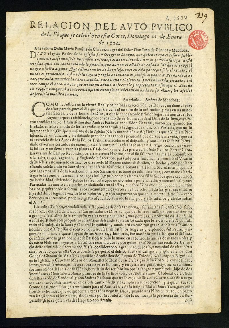 Relacion del Auto publico de la F, que se celebr en esta Corte, Domingo 21 de Enero de 1624