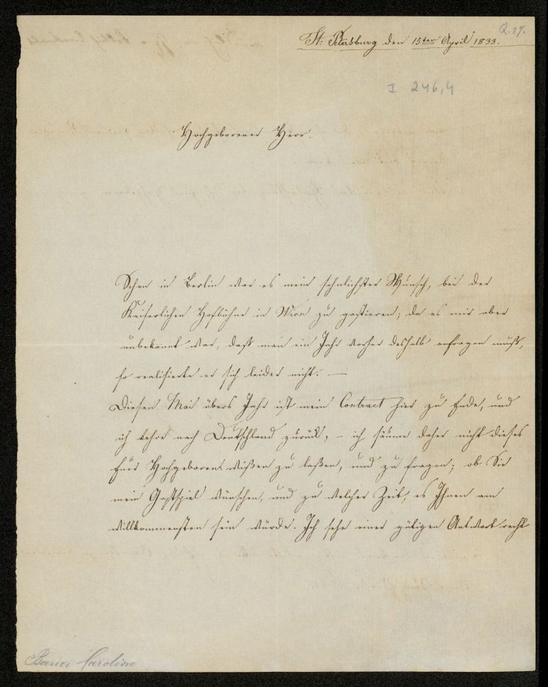 Carta de Carolina Bauer, la destacada actriz de la poca Biedermeier y posible mujer, morgantica, de Leopoldo I de Blgica