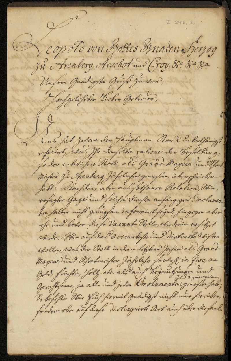 Carta del Duque de Arenberg, mariscal y comandante en jefe de las tropas imperiales en los Pases Bajos, a Monsieur de La Borde