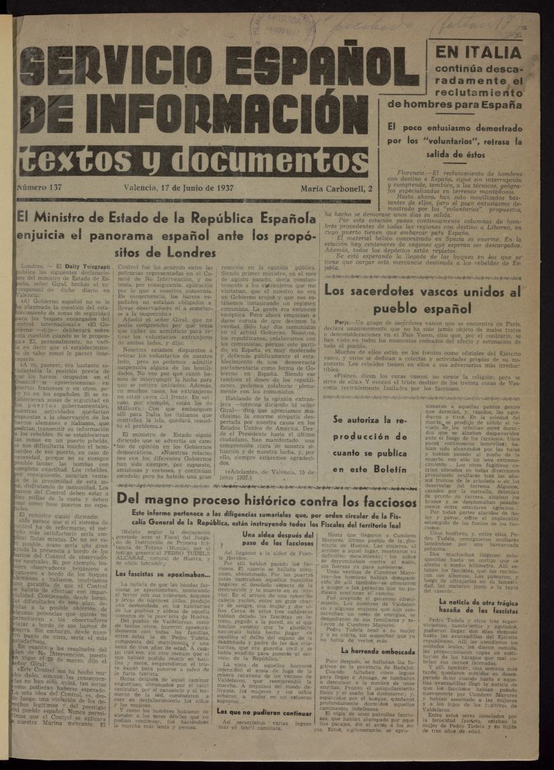 Servicio Espaol de Informacin : textos y documentos del 17 de junio de 1937, n 137