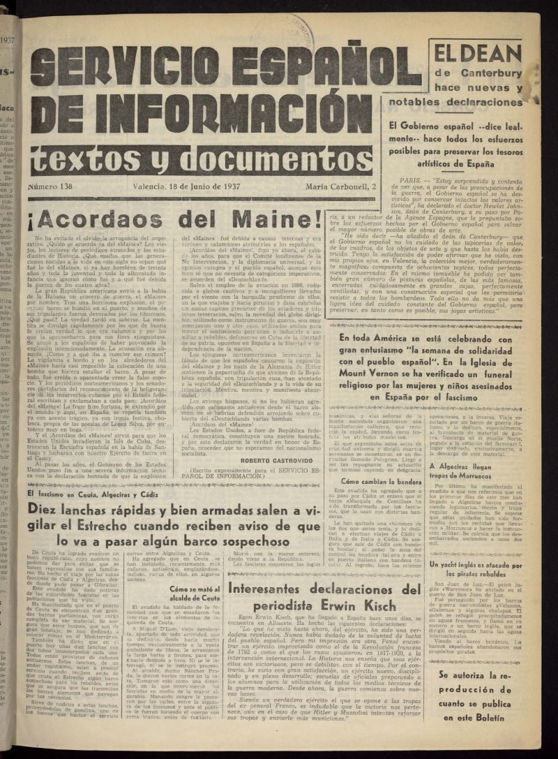 Servicio Espaol de Informacin : textos y documentos del 18 de junio de 1937, n 138