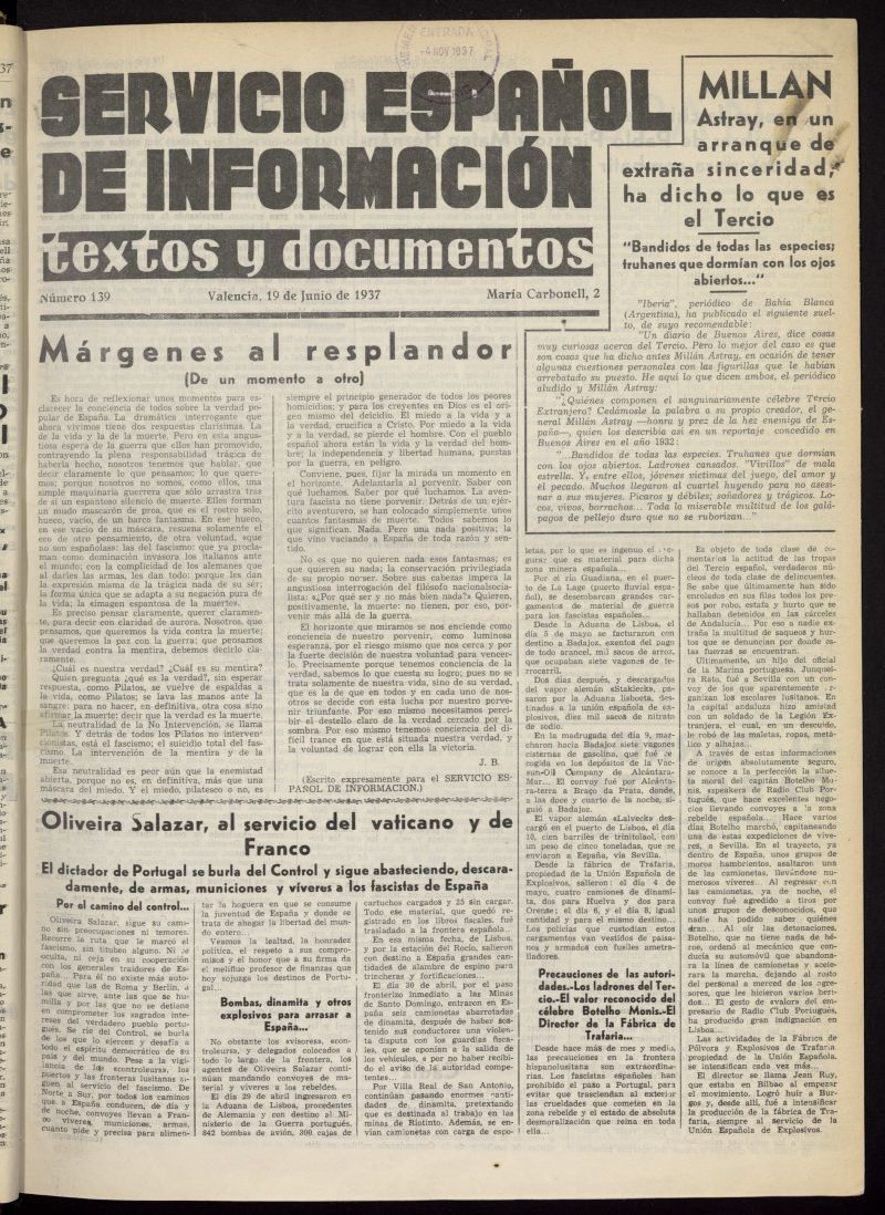 Servicio Espaol de Informacin : textos y documentos del 19 de junio de 1937, n 139