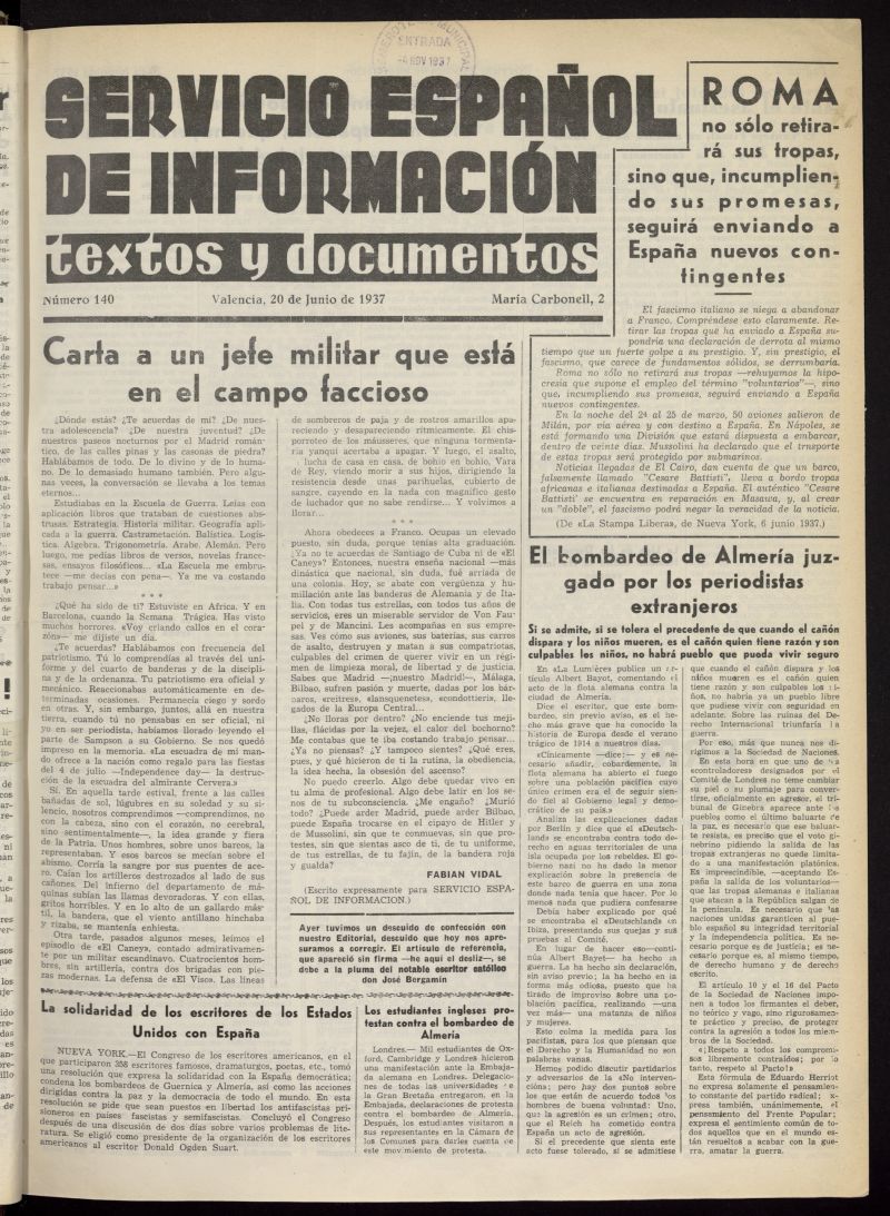 Servicio Espaol de Informacin : textos y documentos del 20 de junio de 1937, n 140
