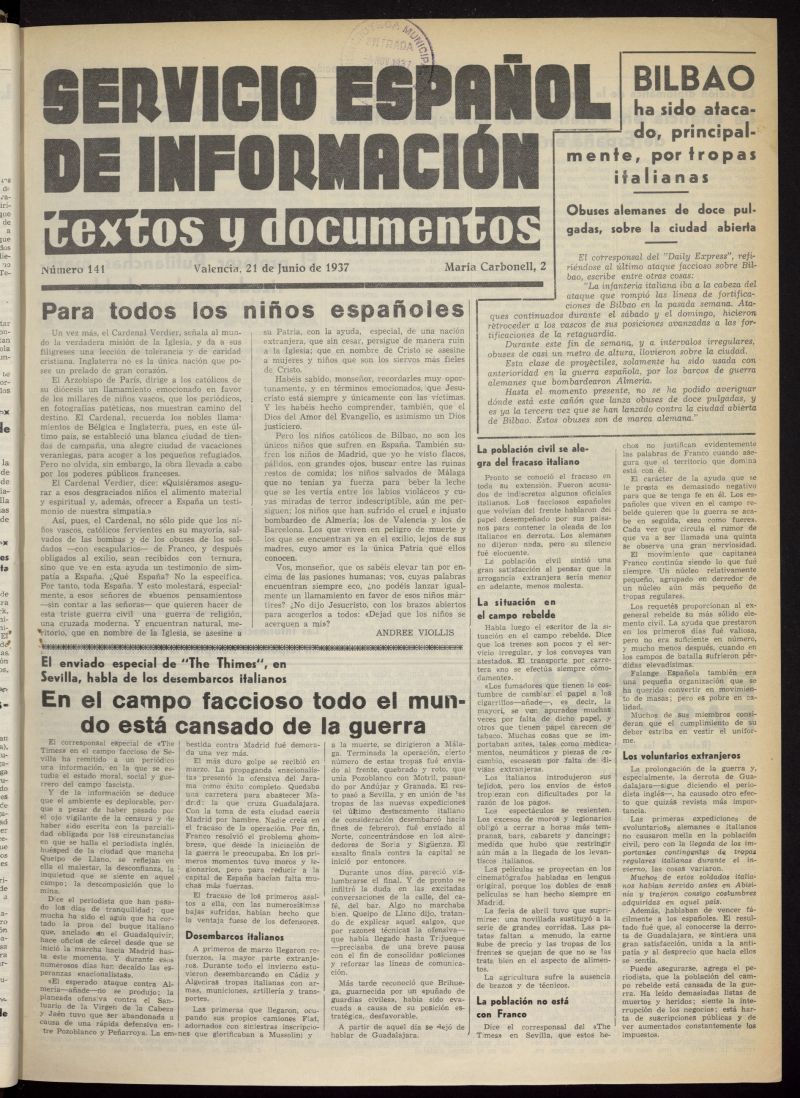 Servicio Espaol de Informacin : textos y documentos del 21 de junio de 1937, n 141