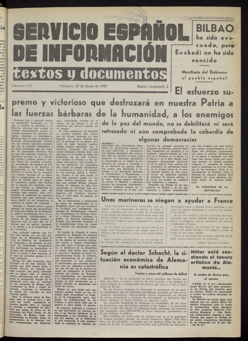 Servicio Espaol de Informacin : textos y documentos del 22 de junio de 1937, n 142