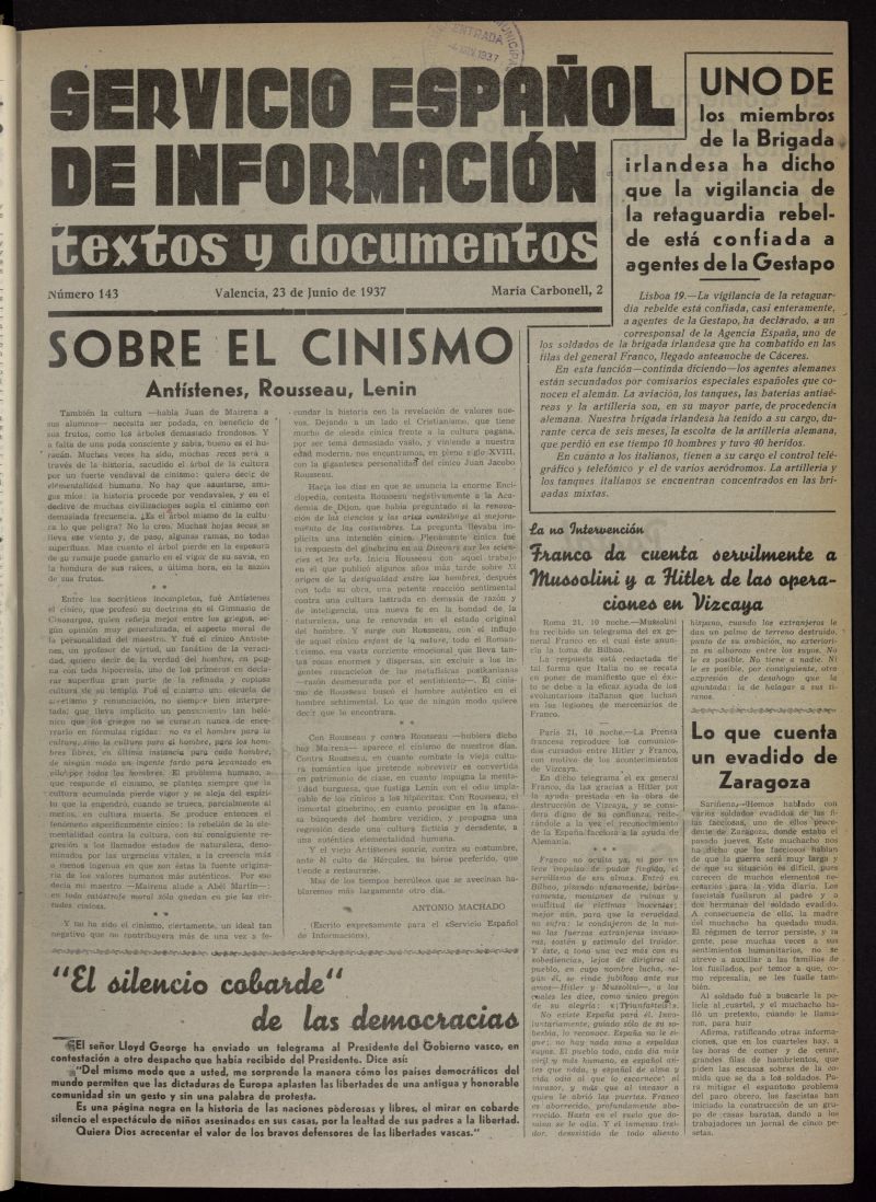 Servicio Espaol de Informacin : textos y documentos del 23 de junio de 1937, n 143