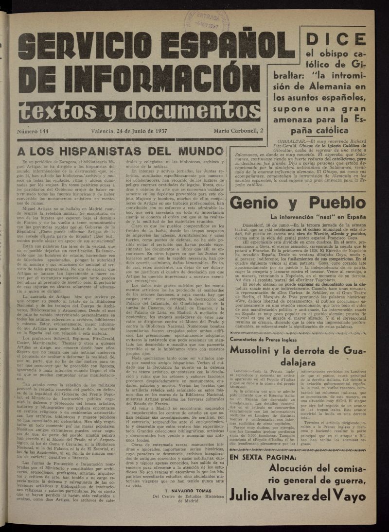 Servicio Espaol de Informacin : textos y documentos del 24 de junio de 1937, n 144
