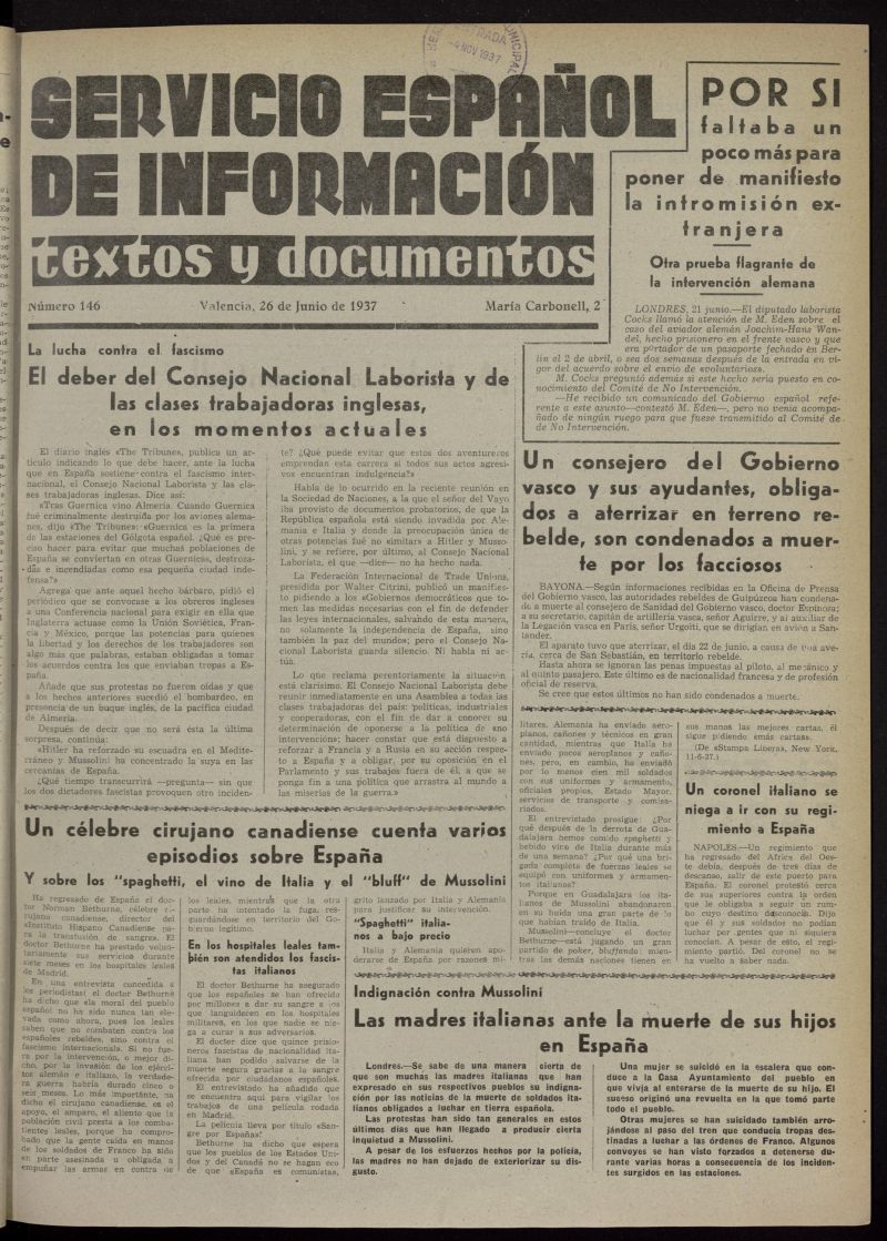 Servicio Espaol de Informacin : textos y documentos del 26 de junio de 1937, n 146