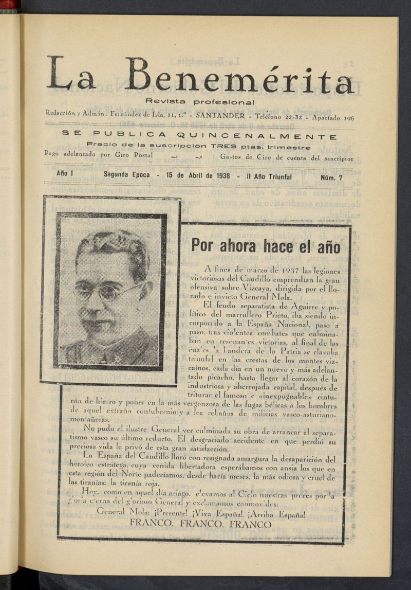 La Benemerita : revista profesional del 15 de abril de 1938, n 7