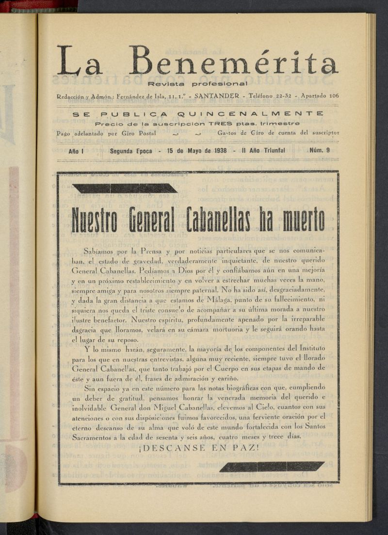 La Benemerita : revista profesional del 15 de mayo de 1938, n 9