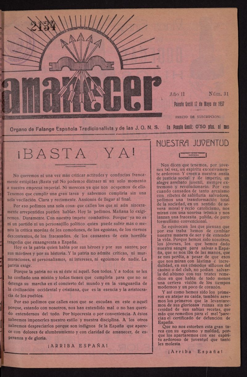 Amanecer : órgano de la Falange Tradicionalista y de las J.O.N.S. del 17 de mayo de 1937, nº 31