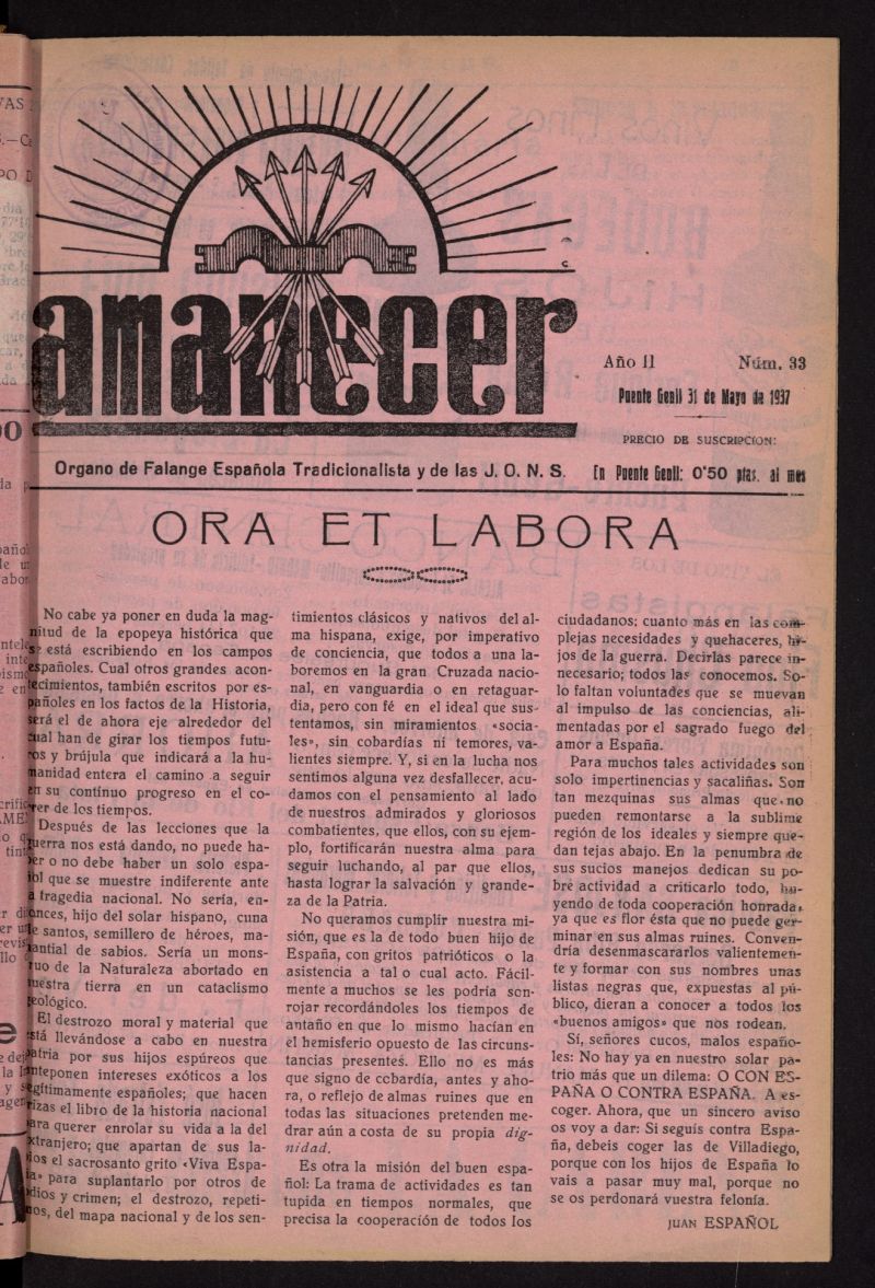 Amanecer : órgano de la Falange Tradicionalista y de las J.O.N.S. del 31 de mayo de 1937, nº 33