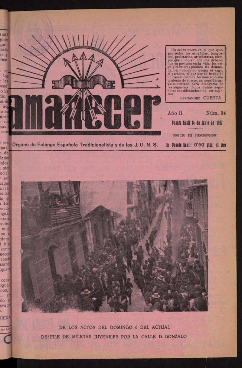 Amanecer : órgano de la Falange Tradicionalista y de las J.O.N.S. del 14 de junio de 1937, nº 34