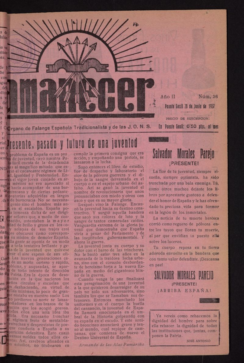 Amanecer : órgano de la Falange Tradicionalista y de las J.O.N.S. del 28 de junio de 1937, nº 36