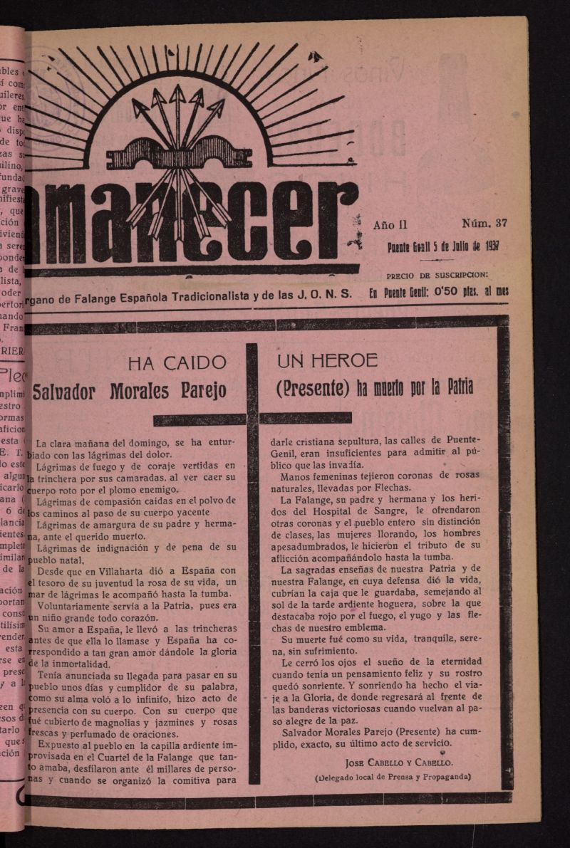 Amanecer : órgano de la Falange Tradicionalista y de las J.O.N.S. del 5 de julio de 1937, nº 37