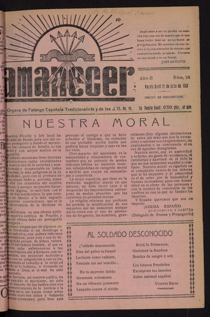 Amanecer : órgano de la Falange Tradicionalista y de las J.O.N.S. del 12 de julio de 1937, nº 38