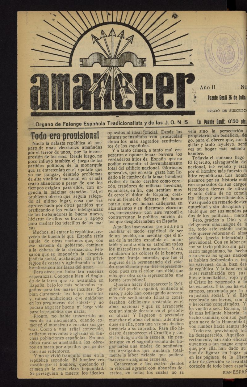 Amanecer : órgano de la Falange Tradicionalista y de las J.O.N.S. del 26 de julio de 1937, nº 40